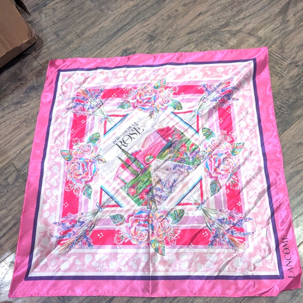 Lancome ROSES SCARF Pink Silk Satin Small Square Scarf 
